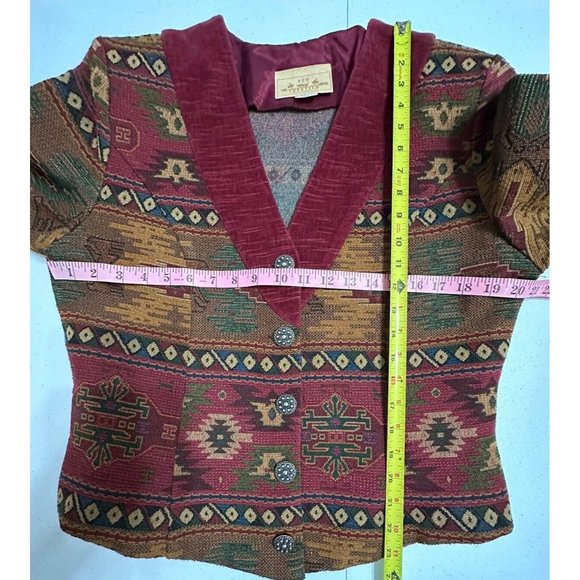 New‎ Frontier Vintage Southwest Tapestry Red Velvet Trim Cropped Jacket Concho L - Picture 4 of 5